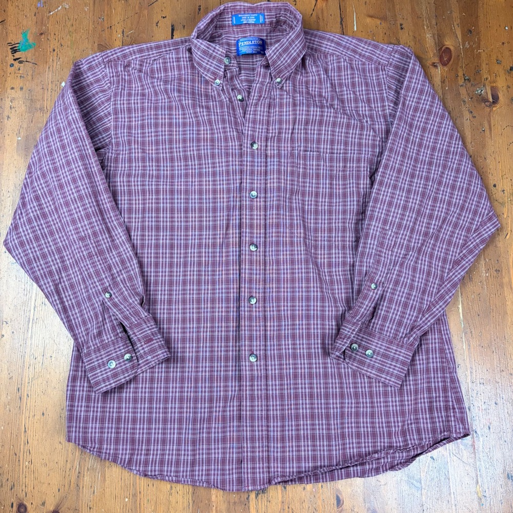 Pendleton Broadway Cloth Mens Large Plaid Button Down Shirt Burgundy Cotton L